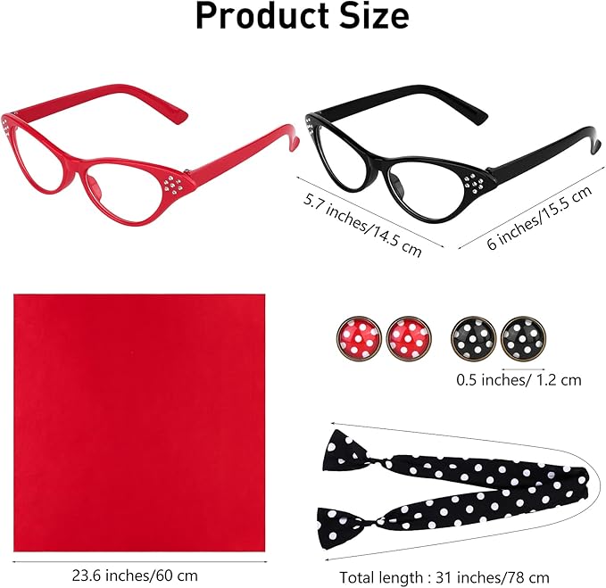 Aneco 6 Pack 50s Set Chiffon Scarf Cat Eye Glasses Bandana Tie Headband Earrings