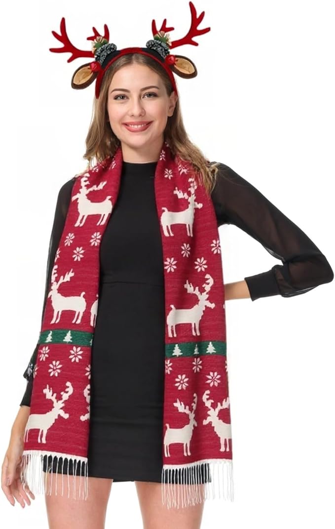 Unisex Christmas Scarves for Women Men Boys Girls Christmas Gifts Winter Scarf with Reindeer and Snowflake Shawl Wrap Xmas