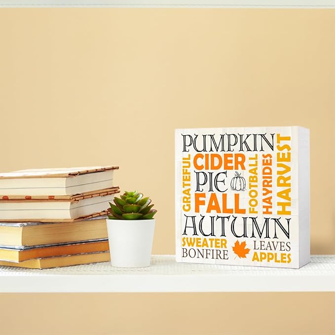 Funny Autumn Wood Box Sign Autumn Theme Wooden Block Desk Decor for Home Office Kitchen Cubicle Table Shelf Tabletop,Farmhouse Fall Sign Decor