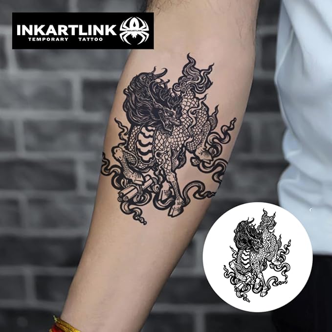 INKARTLINK Tattoo Tech,2 Sheets Extra-Large Semi Permanent Tattoo,Adult Art Design Temporary Tattoos, Lasts 1-2 Weeks, Waterproof, Realistic look, No Adhesive, No reflection (Kirin Design）