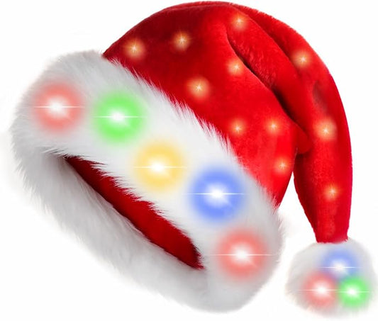 JUANANIUG Santa Hat Adult Led: Christmas Hat with lights for Women and Men - Extra Thicken Classic Fur for Christmas New Year Festive Holiday Party Supplies