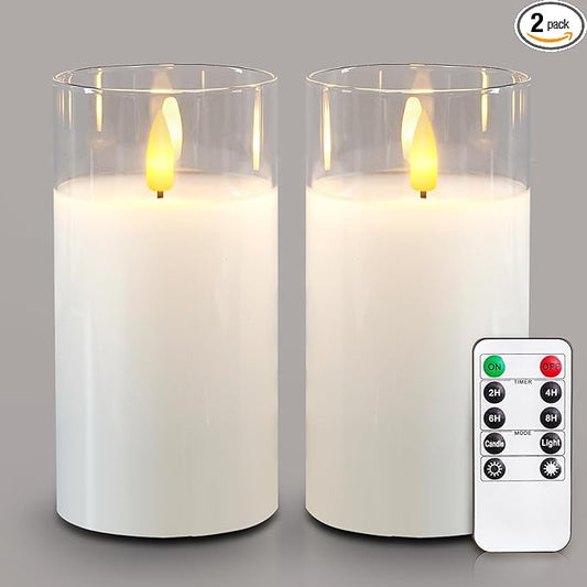 5plots Flameless Battery Operated Candles Set of 2, White LED Candles with Remote Timer, Real Wax Glass Pillar Candles Warm Flickering Light for Indoor Home, Halloween, Christmas Decor D3 x H6 6"