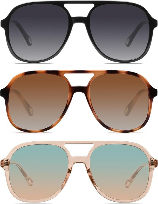 YDAOWKN Retro Square Aviator Sunglasses for Womens Mens Vintage 70s Double Bridge Sun Glasses