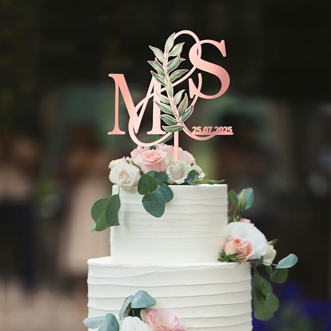 Customized Wedding Cake Topper Personalized Bride & Groom's Initials and Wedding Date Cake Decoration with Green Leaves