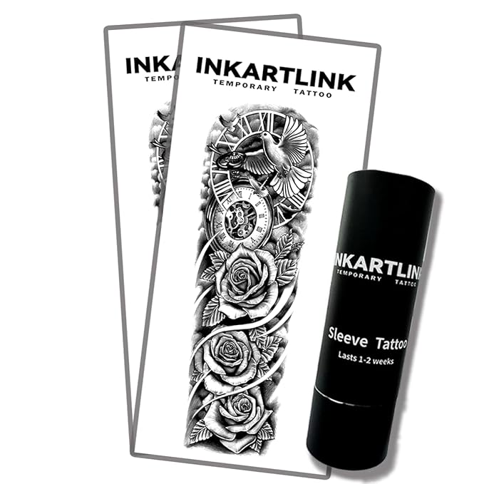 INKARTLINK Semi Permanent Tattoo, 2 Pieces Full Arm Large Size Art Party Tattoos, Comes with a Pair of Anti-Transfer Sleeves, Lasts 7-15 Days, Waterproof (Rose, Dove of Peace, Clock)