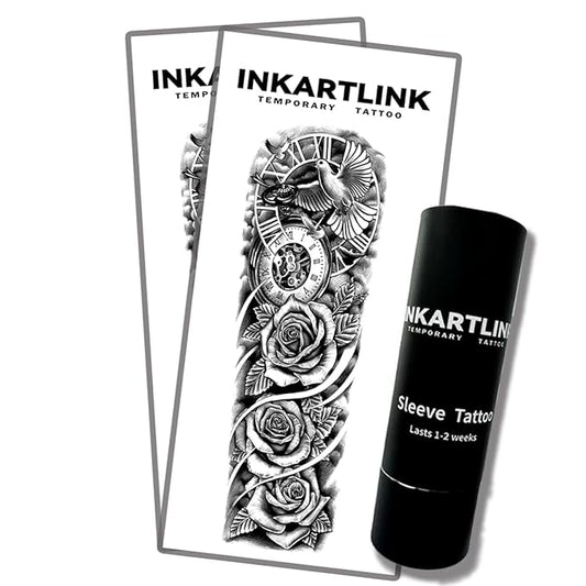 INKARTLINK Semi Permanent Tattoo, 2 Pieces Full Arm Large Size Art Party Tattoos, Comes with a Pair of Anti-Transfer Sleeves, Lasts 7-15 Days, Waterproof (Rose, Dove of Peace, Clock)