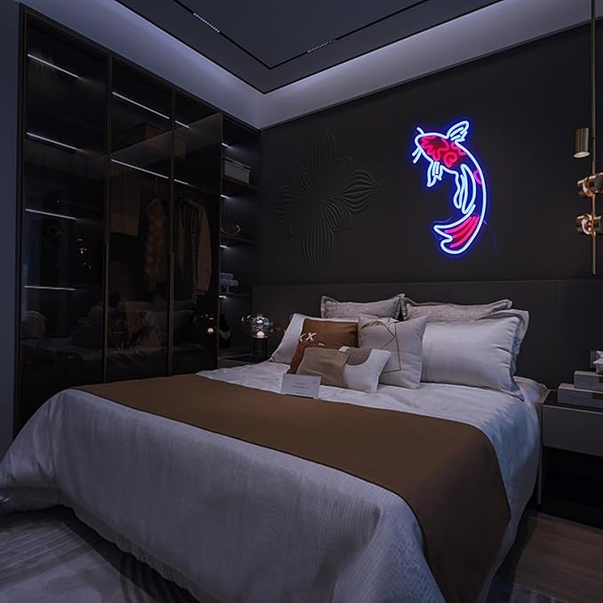 Koi Fish Neon Sign Koi Carp Neon Lights Signs Japanese Fish Led Neon Blue Red Lucky Fish Neon Signs for Wall Decor 17”x9.5”with USB/Switch Dimmable Neon Light Signs for Bar, Restaurant, Office, Fishroom,Koi Pond