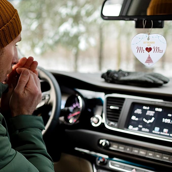 15 Years as Mr Mrs Wedding Christmas Ornament 15th for Him Her Husband Wife Couple Christmas Married Heart Ceramic Xmas Tree Ornament Decorations