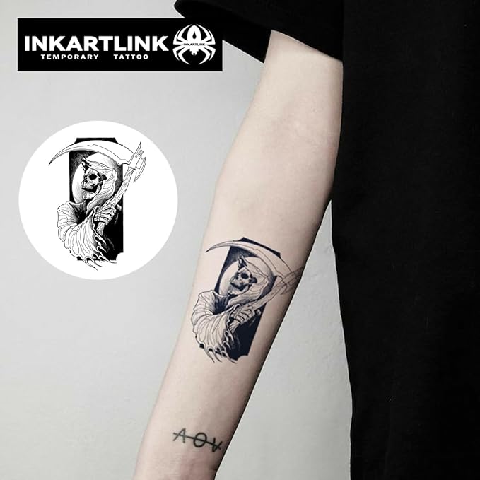 INKARTLINK Tattoo Tech, 2 Sheets Medium Semi Permanent Tattoo, Adult Art Design Temporary Tattoos, Lasts 1-2 Weeks, Waterproof, Realistic Look, No Adhesive, No Reflection (Grim Reaper Design)