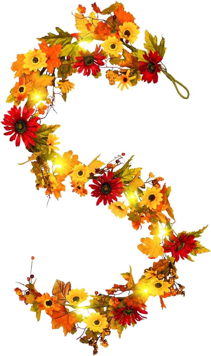 Uieke 6FT Fall Garland with Lights, Fall Maple Leaf Garland with Sunflowers Berries Fall Decor Garlands for Home Wedding Harvest Thanksgiving Mantle Fireplace Farmhouse Indoor Outdoor Decor