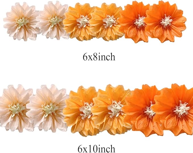 12pcs 8in 10in Paper Flowers Tissue Flowers Pom Paper Pom Poms Hanging Paper Flowers Wall Backdrop Wedding Party Flower Decorations DIY Art Craft Blooms for Birthday Baby shower nursery decor Orange