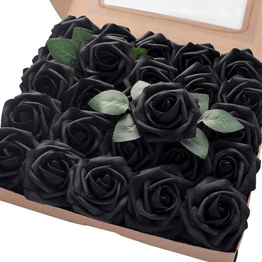 Floroom Artificial Flowers 25pcs Real Looking Black Foam Fake Roses with Stems for DIY Wedding Bouquets Centerpieces Arrangements Party Tables Home Halloween Decorations