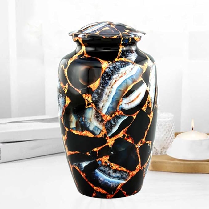 Memorial Cremation Urns for Human Ashes | Handcrafted Large Burial Marble Finish Adult Cremation Urn, Funeral Decorative Urns for Female & Male | 200 lbs with Velvet Bag (Luxury Black)