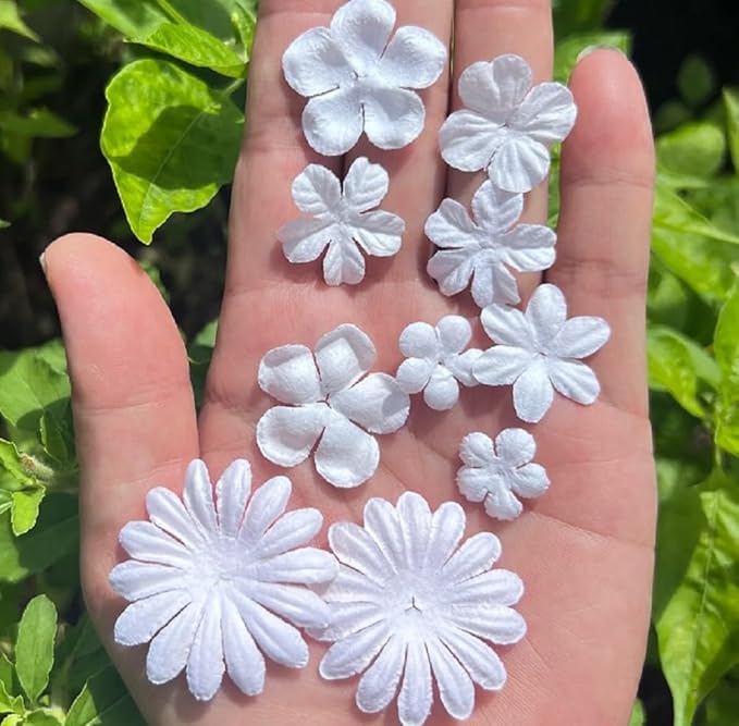 100 Pcs Handmade Mulberry Paper Flowers 3 mm - 1.5 Inch Scrapbooking Wedding DIY Craft Supplies Card. (Mixed White Flowers)