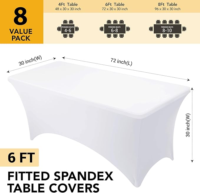 8-Pack Premium White Spandex Tablecloths for 6ft Rectangle Tables, Stain & Wrinkle-Resistant, Washable Stretch Polyester Fitted Table Cover for Weddings, Banquets, Trade Shows Events