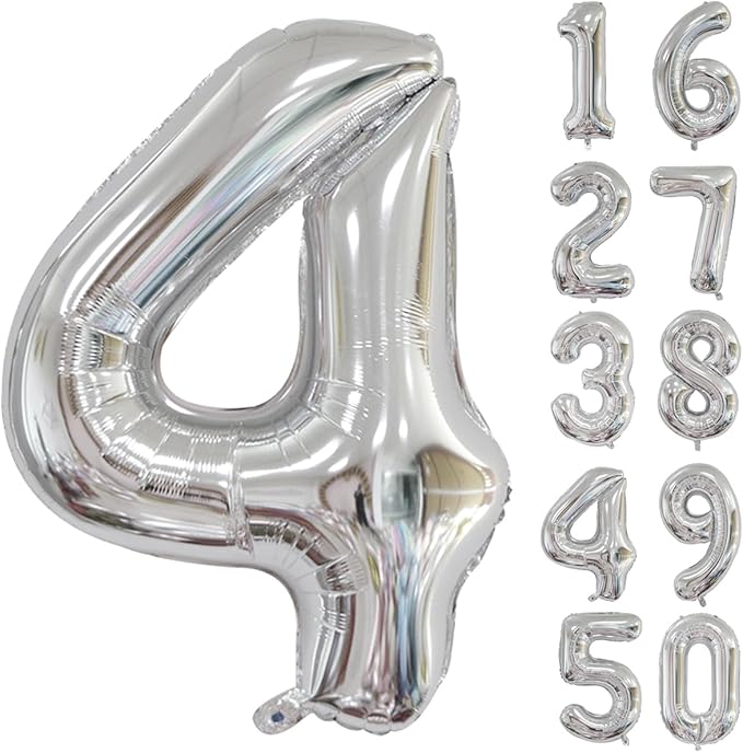 40 inch Silver Number Balloon Giant Foil Helium Balloons Silver Number 4 Balloon for 4th Birthday Party Anniversary Decorations Supplies