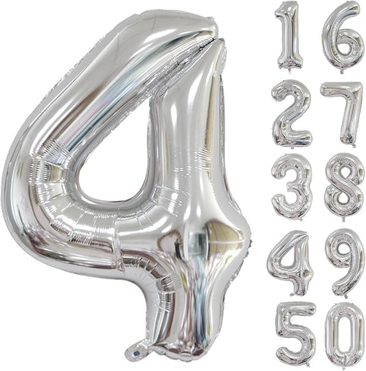 40 inch Silver Number Balloon Giant Foil Helium Balloons Silver Number 4 Balloon for 4th Birthday Party Anniversary Decorations Supplies