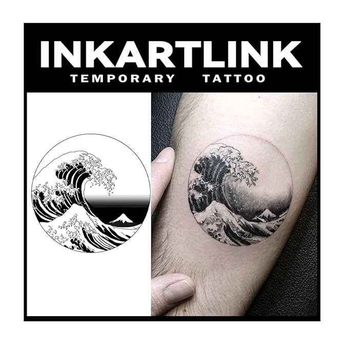 INKARTLINK Tattoo Tech, 3 Sheets Small Semi Permanent Tattoo, Adult Art Design Temporary Tattoos, Lasts 1-2 Weeks, Waterproof, Realistic Look, No Adhesive, No Reflection (Waves Design)
