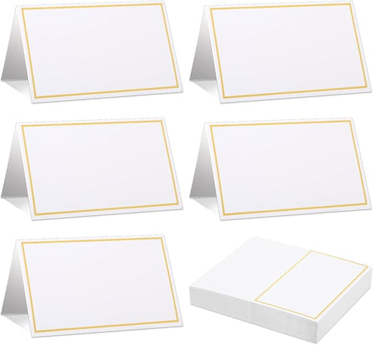 Place Cards for Table Setting - 50Pcs White Blank Table Place Cards with Gold Foil Border, Table Seating Name Cards for Weddings, Banquets Dinner Parties (Folfding Size 2x3.75 inches) (White)