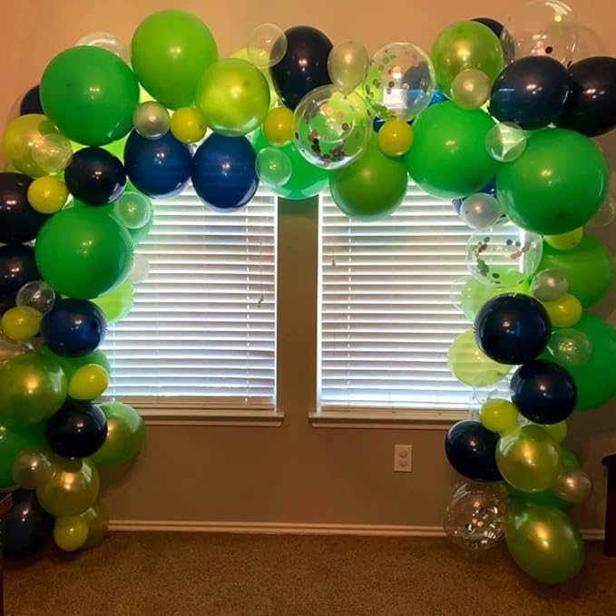 Blue and Green Balloon Garland Arch Kit, 100 PCS Lime Light Green Navy Blue Silver Confetti Latex Balloons Arch Kit for Boys Jungle Safari Dinosaur Birthday Football Game Party Decorations Supplies