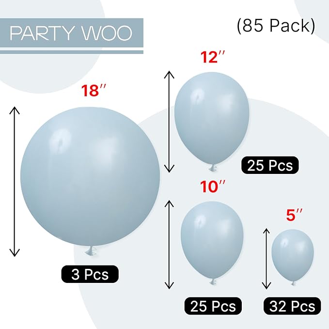 PartyWoo Dusty Blue Balloons 85 pcs Different Sizes of 18 12 10 5 Inch Light Blue Aqua Balloon Arch Kit Garland for Graduation Wedding Baby Shower Gender Reveal Birthday Party Decorations Blue-F28