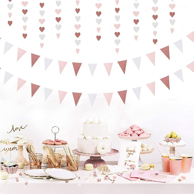 Rose-Gold Pink Party-Decorations Heart Garland Streamers - 52Ft Bachelorette Engagement Hanging Paper Banner,Valentines Day Bridal Shower Wedding Birthday Party Bunting Lasting Surprise
