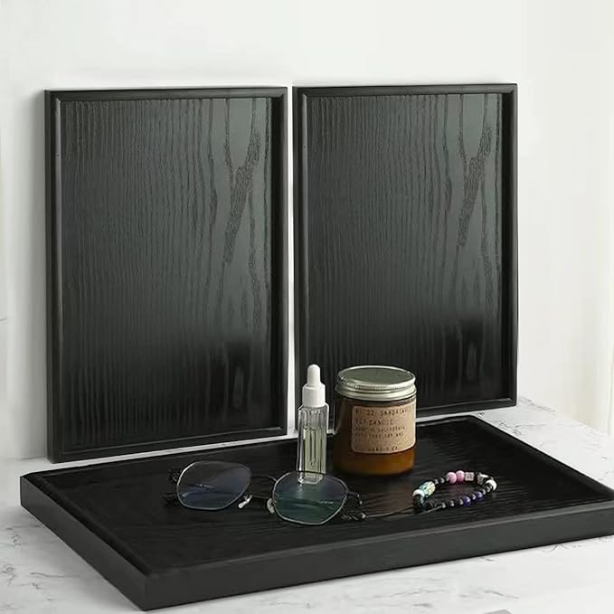 22 x 18 Inches Extra Large Solid Wood Serving Tray for Tea Coffee Table Snack Food Meals Serving Plate Kitchen Party Bar Breakfast Server with Raised Edges Black Wooden Decorative Ottoman Tray