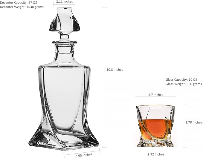 Whiskey Decanter Glasses Set Lead-Free Crystal Glass Scotch Tasting Cups Wine Bottle for Drinking Irish Whisky Bourbon Tequila tumbler (Twist, 1 Decanter & 6 Glasses Set)