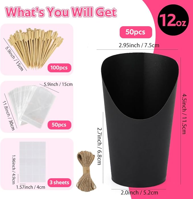 50 Sets 12 oz Charcuterie Cups Black, 100 Picks + 50 Bags + 50 Labels, Disposable Charcuterie Cups with Sticks, Paper Individual Snack Cup Disposable French Fry Cup for Parties, Catering