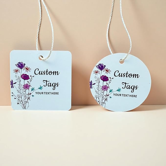 Personalized Gift Tags, Square Round Paper Thank You Tag for Wedding Baptism Birthday Favors, Custom Hang Tags with Your Text and String (Design6)