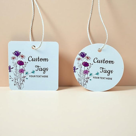 Personalized Gift Tags, Square Round Paper Thank You Tag for Wedding Baptism Birthday Favors, Custom Hang Tags with Your Text and String (Design6)