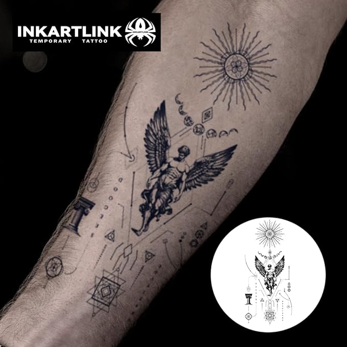 INKARTLINK Tattoo Tech, 2 Sheets Large Semi Permanent Tattoo, Adult Art Design Temporary Tattoos, Lasts 1-2 Weeks, Waterproof, Realistic Look, No Reflection (Winged Figure & Symbols)