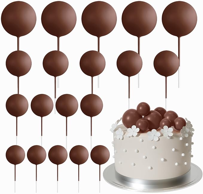 ASTARON 20 Pcs Ball Cake Topper Decorations Mini Balloons Cake Topper Sticks Brown Balls Cake Picks Cake Topper Balls Cake Decorations for Wedding Birthday Cake Decorations