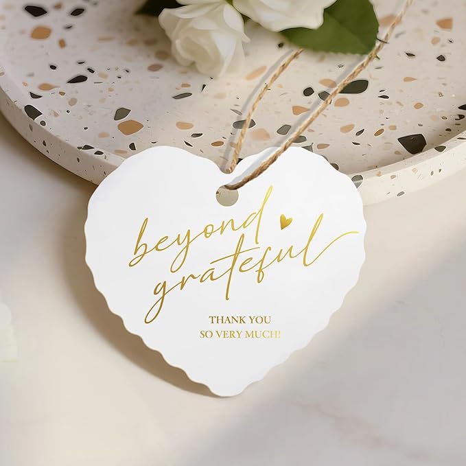 50pcs Gold Foil Thank You Tags with String, Pre-Punched Hole Gift Tags with String - Perfect for Weddings, Baby Showers, Parties, Celebrations - Beyond Grateful(2.36"*2.16")