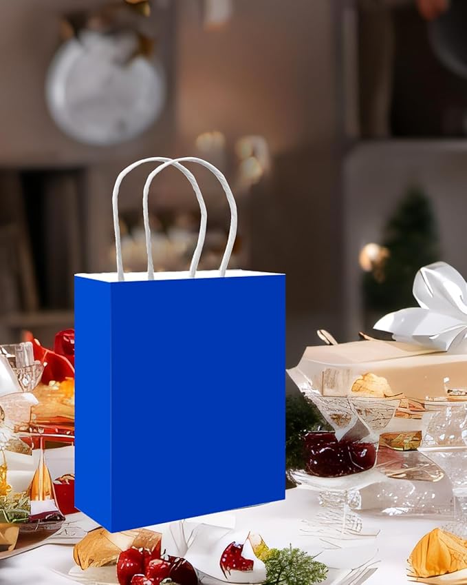 qiqee 50-Packs Gift Bag with Handles Bulk Diamond Blue Paper Bags Multiple Uses (8.3"x3"x6" Small Size)
