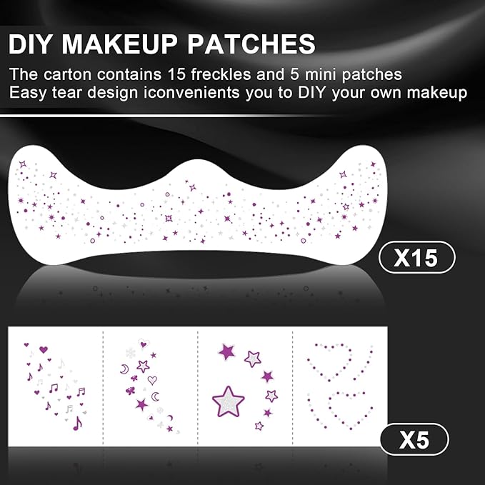 20 Pcs Purple and Silver Face Makeup Patches, Purple-silver Glitter Freckles, Halloween Glitter Freckles Face Tattoo, Waterproof Face Temporary Tattoos, Long-Lasting 48h Freckles for Women