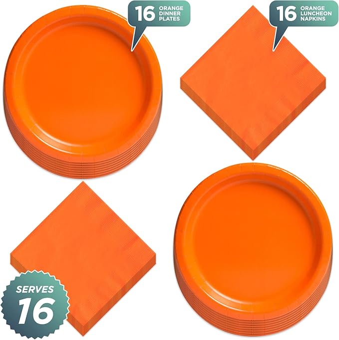 Solid Orange Paper Dinner Plates and Lunch Napkins - Pumpkin Orange Party Supplies For Birthdays, Fall Parties, Halloween, and More (Serves 16)