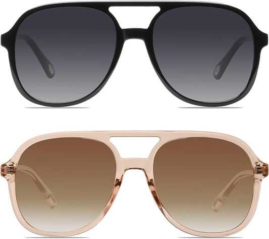 YDAOWKN Retro Square Aviator Sunglasses for Womens Mens Vintage 70s Double Bridge Sun Glasses