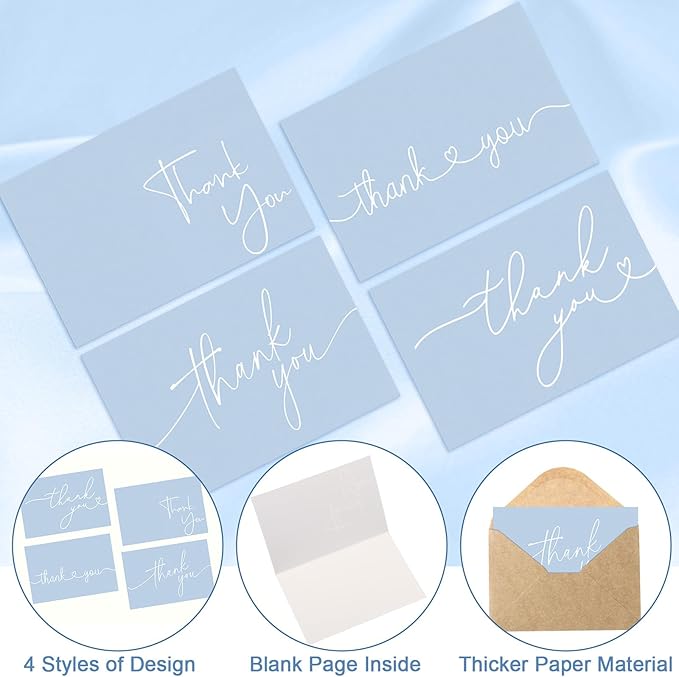 Teling 200 Set Thank You Cards with Envelopes Bulk, 6 x 4 Inch Blank Thank U Greeting Notes with Brown Kraft Envelopes Stickers Thankyou Card Set for Graduation Wedding Birthday Baby Shower(Blue)
