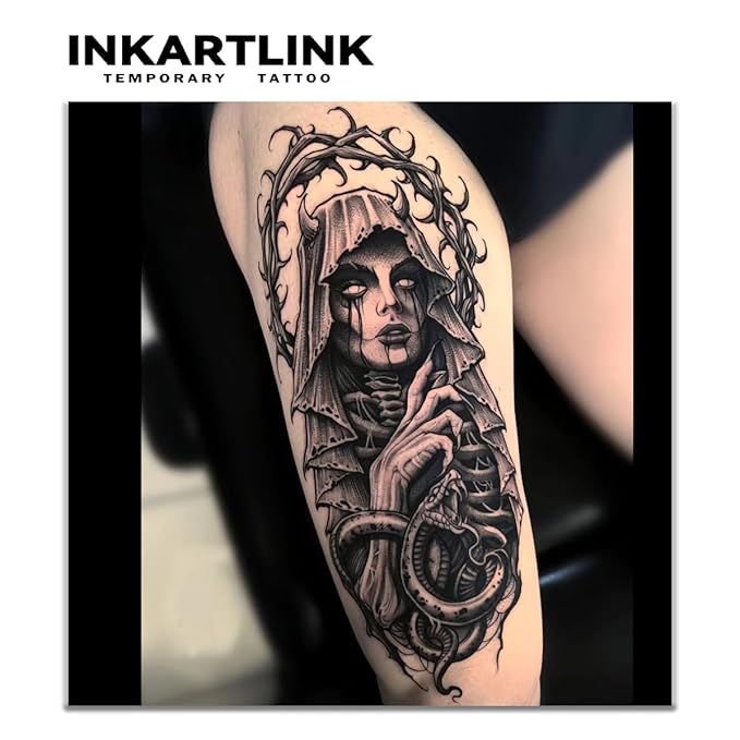 INKARTLINK Tattoo Tech, 2 Sheets Extra Large Semi Permanent Tattoo, Adult Art Design Temporary Tattoos, Lasts 1-2 Weeks, Waterproof, Realistic Look, No Adhesive, No Reflection (Nun)