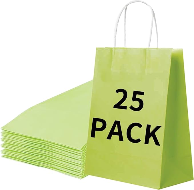 BAG BOX 25 Pack 8.25x4.3x10.6 Inch Green Gift Bags with Handles,Bulk Kraft Paper Bags for Shopping, Retail, Merchandise, Wedding, Party Favors, Paper Grocery Sacks