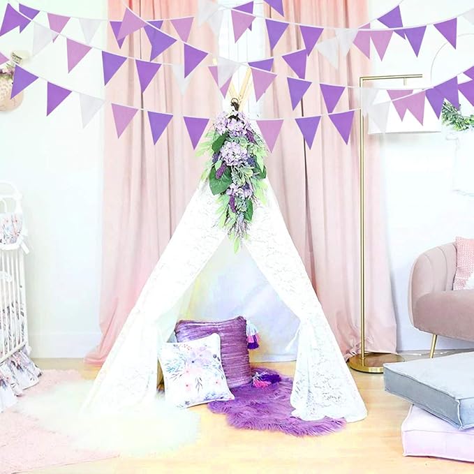 10M/32Ft Purple and White Pennant Banner Fabric Triangle Flag Cotton Cloth Bunting Garland Kit for Wedding Birthday Lavender Party Home Nursery Outdoor Garden Hanging Festivals Decoration (36Pcs)