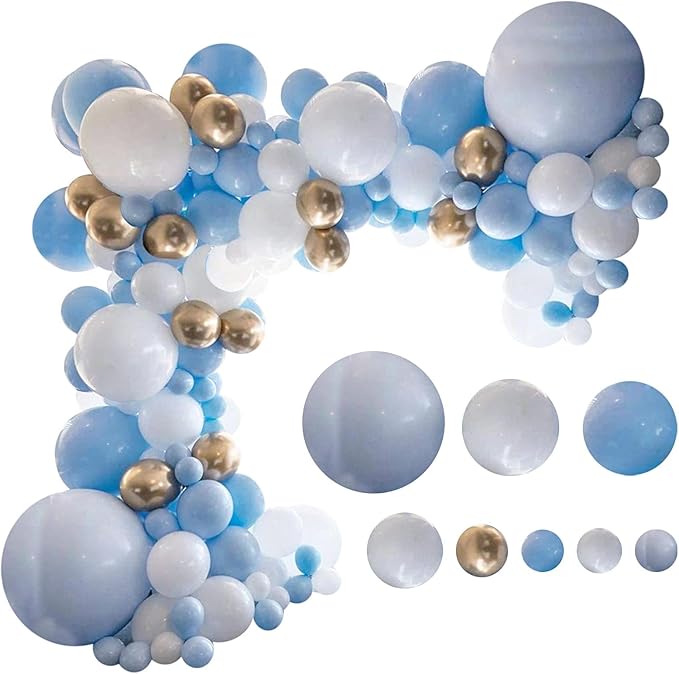 DIY Balloons Garland Kit Blue White and Gold Balloons for Wedding Birthday Festival Party Decoration with Balloon Strip Tape, Adhesive Dots