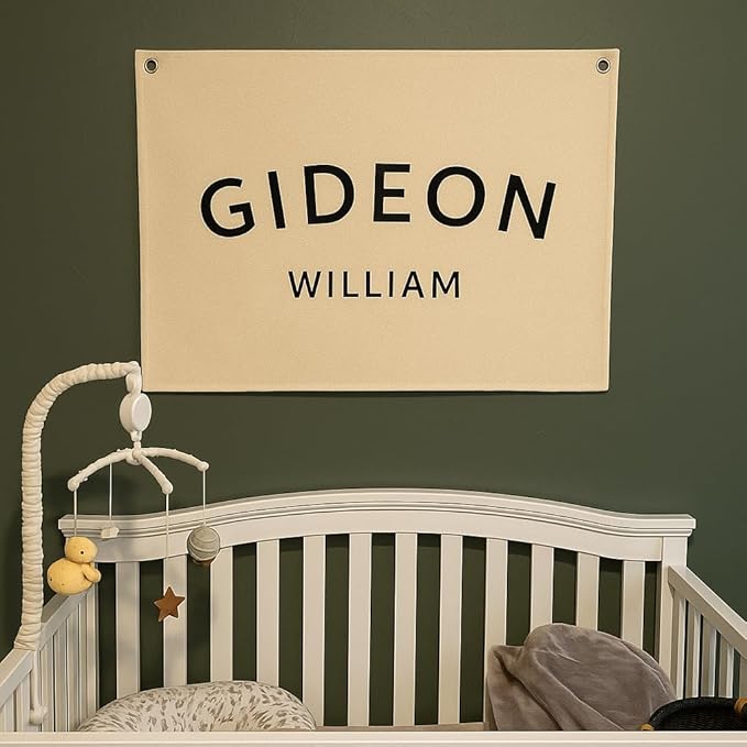 Custom Baby Name Canvas Flag, Personalized Nursery Name Sign Canvas Banner for Wall Decor, Customized Cotton Banner Flag for Baby Shower Birthday Party Gifts, Boho Nursery Kids Room Art Decoration
