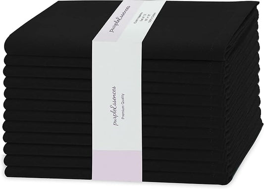 PurpleEssences Set of 12 Cloth Dinner Napkins 100% Cotton 18x18 Inch - Soft Durable Washable - Ideal for Farmhouse Party Christmas Holiday Winter - Perfect Everyday Use Table Linen - Black