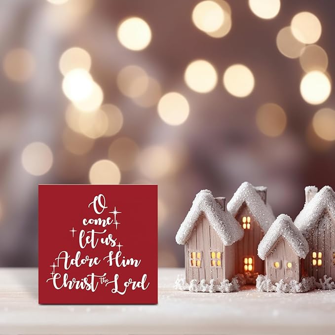 O Come Let Us Adore Him Red Christian Christmas Decorations Religious Church Christmas Decor for Bathroom Home Office 5 x 5 Inch