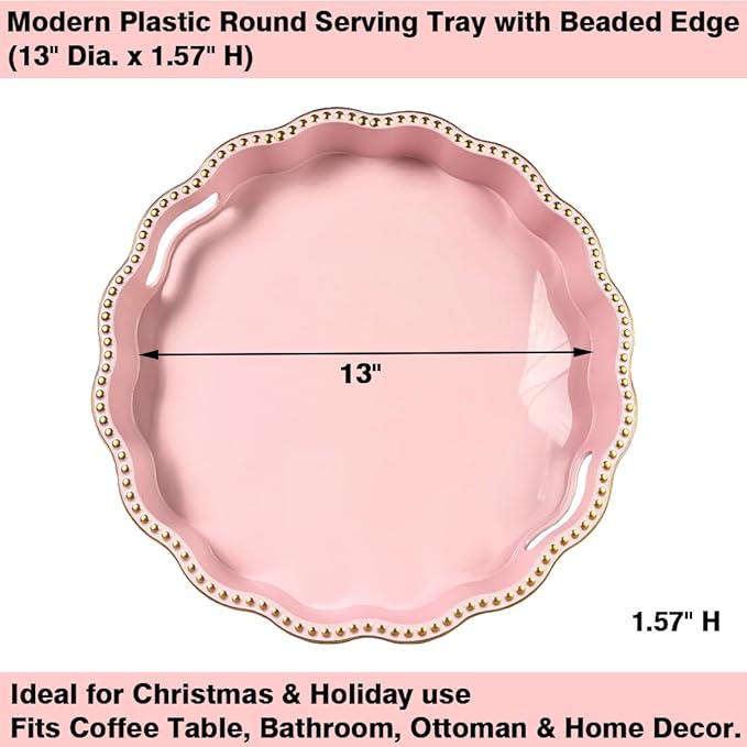 Pink Decorative Tray for Coffee Table, Wavy Scallop Beaded Plastic Serving Tray forKitchen Counter, Ottoman, Living Room, (13")