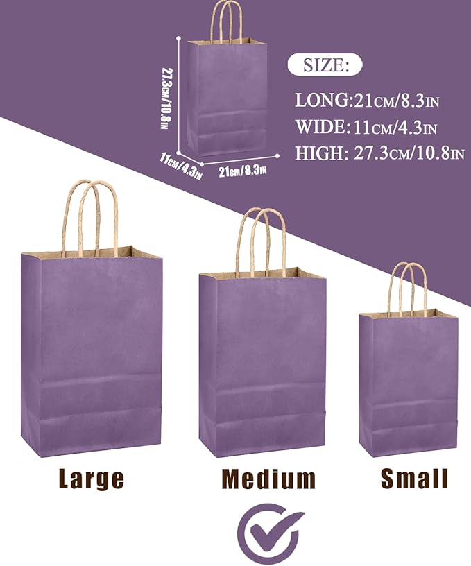 qiqee Grape Purple Gift Bag with Handles Bulk 24Pcs Paper Bags -10.6"x8.3"x4.3"Party Favor Bags - Solid Color