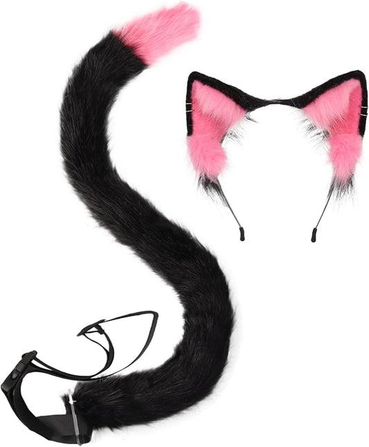 QinRuan Animal Cosplay Costume Accessories Furry Faux Fur Cat Ears Headband and Fox Tail Set Halloween Accessory
