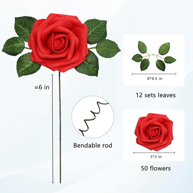JOYLEX Artificial Flowers Realistic Roses, 50pcs Real Looking Fake Roses with Stem for DIY Wedding Bouquets Centerpieces Bridal Shower Party Home Romantic Decorations (Regular 3" - 50pcs, Red)